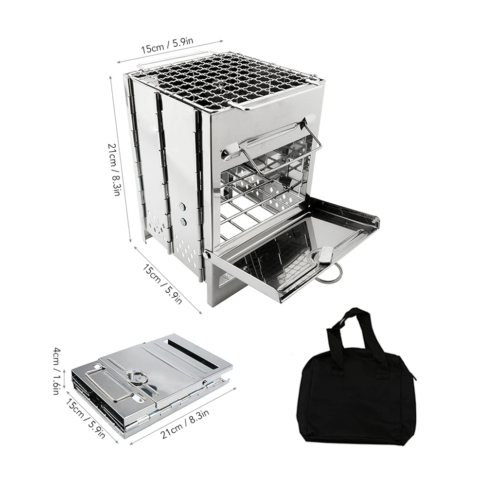 Outdoors Folding Camping Stove Grill Wood Stoves Stainless Steel Burning Mini BBQl with Carry Bag Hiking Camping Cooking Tools