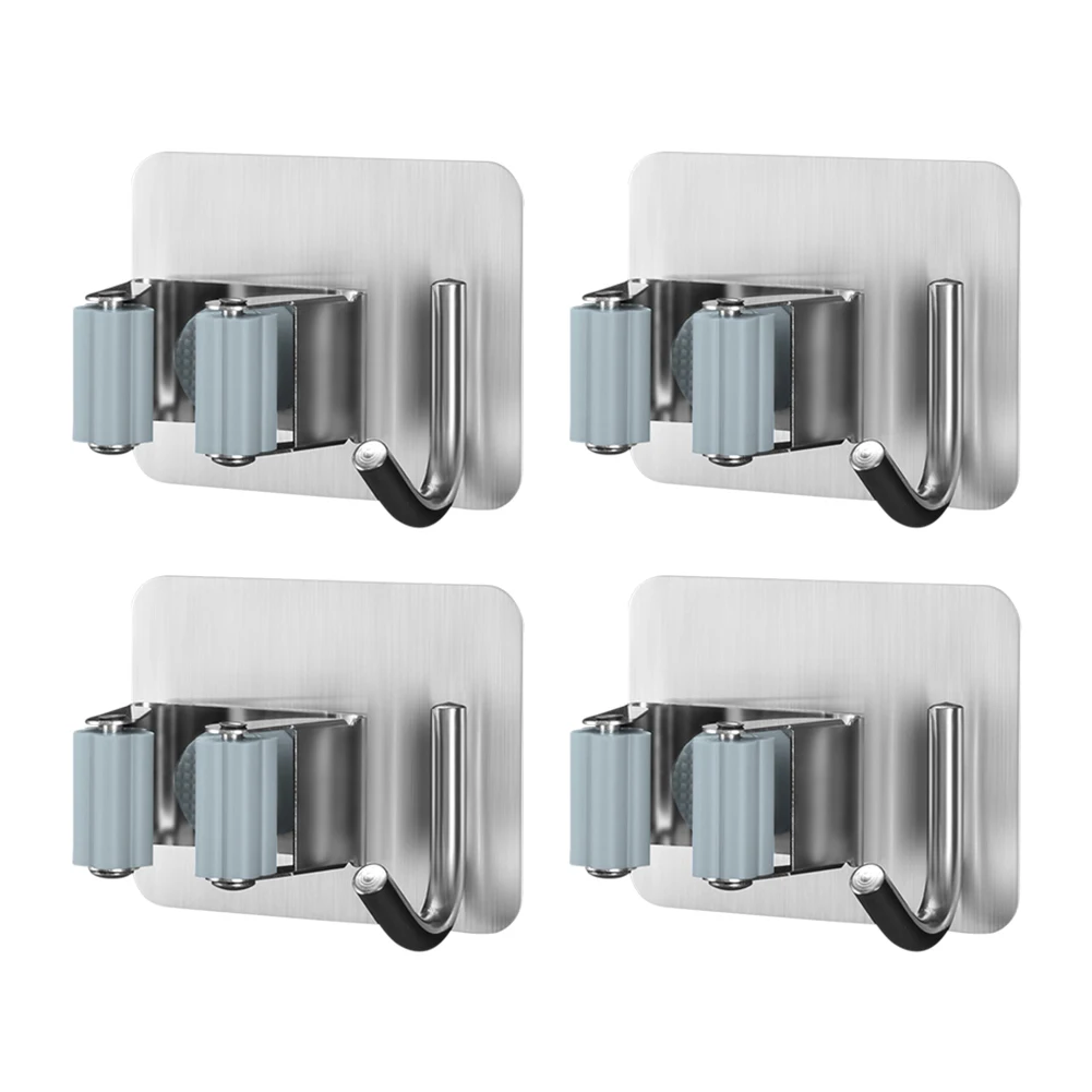 

4pcs Stainless Steel Broom Holder Clip Mop Organizer Wall Mount Hook Storage Space Saving Hanger Multifunctional Holder Rack
