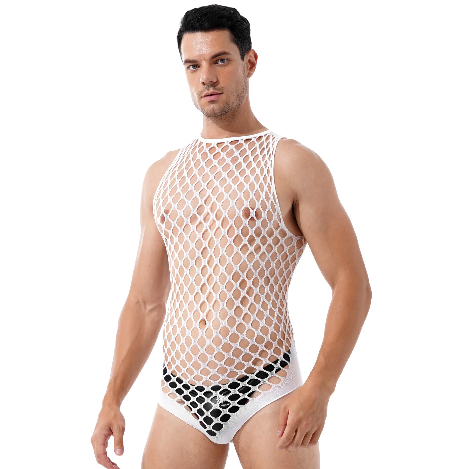 

Мужские прозрачные комбинезоны без рукавов, ажурный сетчатый комбинезон с лямкой на шее, эластичные боди, нижнее белье, цельная одежда для сна