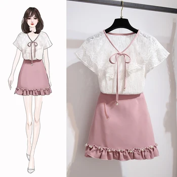 

Ladies Suits Bead Lace Blouse High Waist Solid Ruffles Mini Bodycon Skirt Female Sweet Two Piece Set Dress