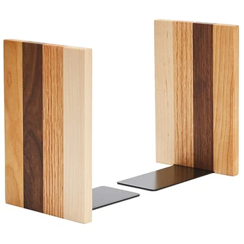 

2Pack Wooden Bookends with Metal Base Heavy Duty Book Stand with Anti-Skid Dots for Office Desktop or Shelves Decorative Bookend