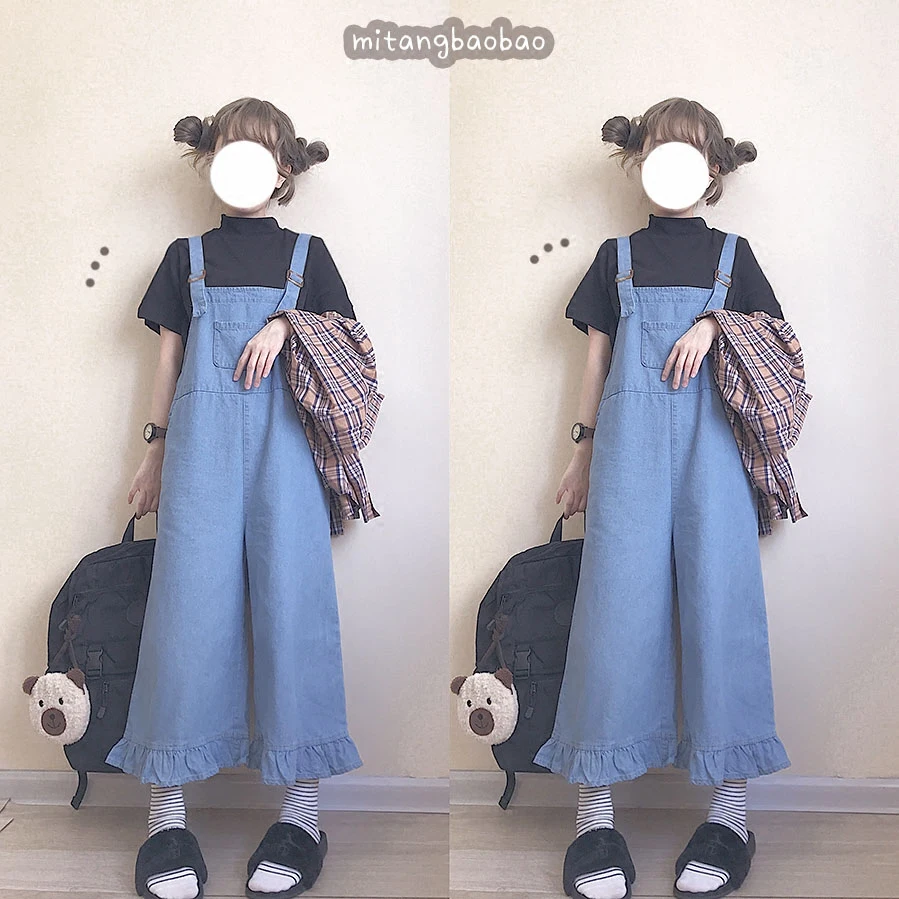 Винтажный стиль, милый женский свободный джемпер, комбинезон, длинные джинсовые штаны, каваи, свежая девушка, ботинки, с оборками, отделка