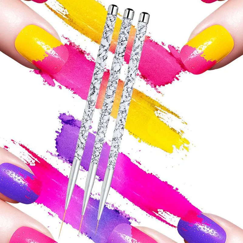 11/15/20mm 3pcs Nail Art Brush Marble Handle French Lines Painting Flower Grid Image Drawing Liner Pen Manicure Tool