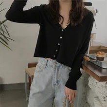 Women's Knit Cardigan Sweater Fashion Chic Short Knit Cardigan New Short Thin V-neck F Long Sleeve Outer tops Female Tops GD048