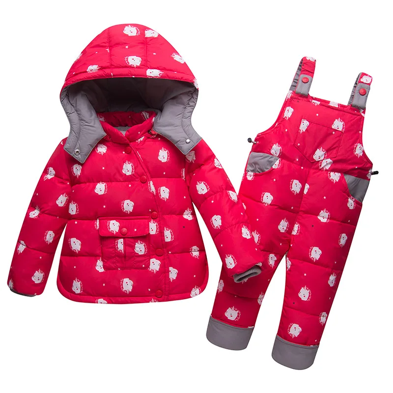 Детские теплые пуховые пальто, зима, комплекты детской пуховой одежды, 2 предмета, куртка и комбинезон, зимний комбинезон для маленьких девочек и мальчиков 1-4 лет - Цвет: Красный