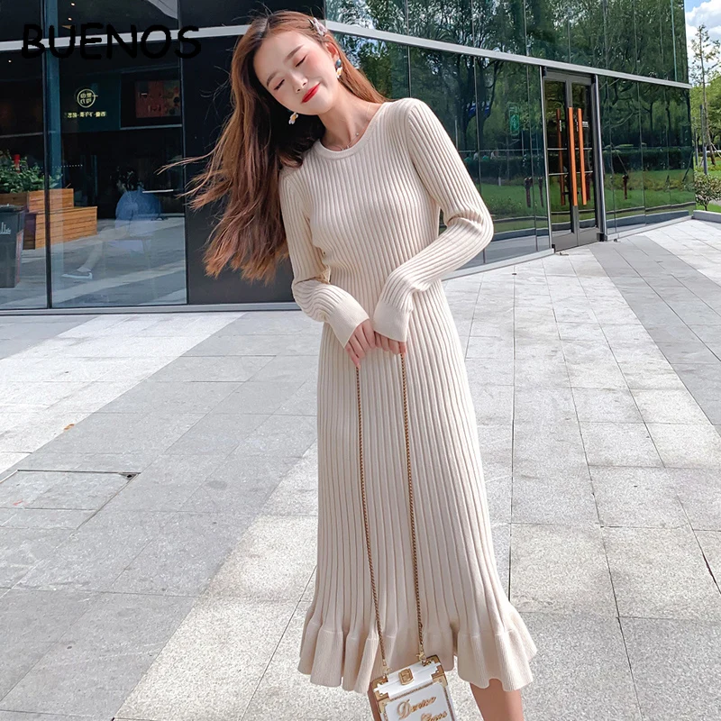 

BUENOS 2019 autumn winter women's elegant long sweater dress o-neck over the knee female knitwear sweater skirt slim solid fishtail long dress