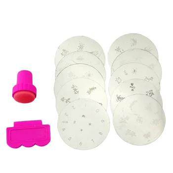 

10pcs Fashion Nail Design Stamp DIY Stencil Polish Nail Stamping Set Round Print Manicure Template with Stamper and Scraper