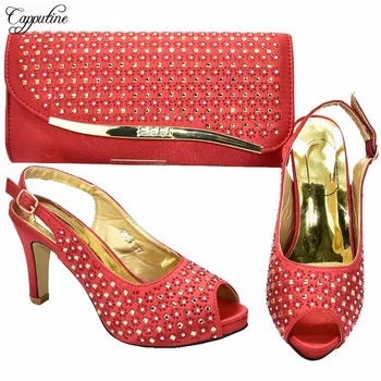 

Luxury Red Wedding High Heel Wedding/Party African Women's Shoes And Bag Set With Rhinestones 398-6 Heel Height 9.5CM