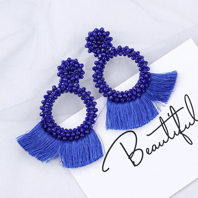 H7eee6fa2703b4b6693f0c04ccfd50f35V - AENSOA 2019 Korean Blue Geometric Pendant Earrings Multiple Drop Earrings Trendy Beaded Resin Acrylic Raffia Dangle Earrings