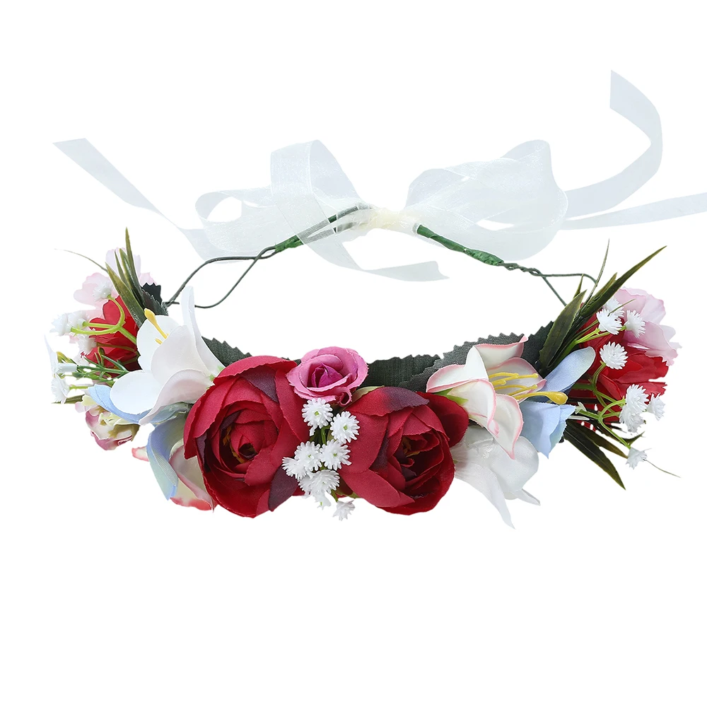 MOLANS романтическая Невеста Свадебный Цветочный венок лента Регулируемая повязка на голову для женщин фиолетовая Цветочная Корона ободки аксессуары для волос - Цвет: Бордовый