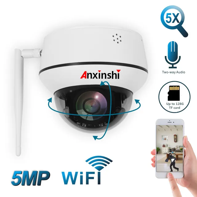 $US $74.46 5MP Onvif IP WiFi PTZ Camera 5X optical Zoom Mic Speaker Two-Way Audio Wireless Security CCTV Camera  Indoor/Outdoor P2P CamHi