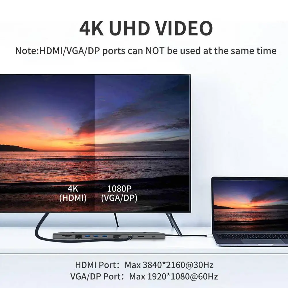 Veggieg USB C концентратор, 11 в 1 USB C адаптер с 4K видео, гигабитная сеть, USB 3,0 порты, кардридер, и PD для MacBook, XPS