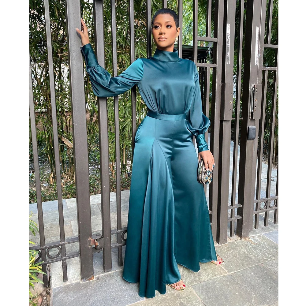 

African Women Long Sleeve High Neck Jumpsuit Loose Wide Leg Pants Overalls African Ankara Dashiki Satinn Romper Muslim Bottoms