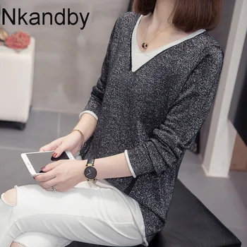 

Plus Size V-neck Knitted Sweaters Women 2020 Autumn Winter Trendy Loose Patchwork Bright Silk Pullover Jumpers Oversize Knitwear