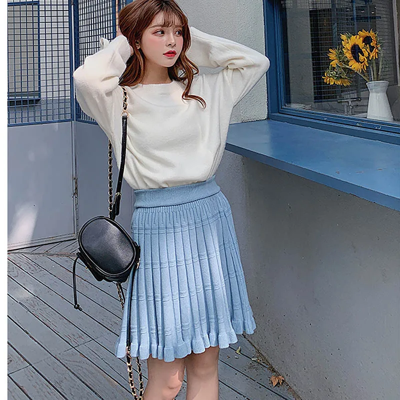 blue mini skirt Корейские длинные юбки женские Осень Зима Высокая талия трикотажная плиссированная юбка Женская Harajuku плюс размер юбка jupe femme - Цвет: blue mini skirt