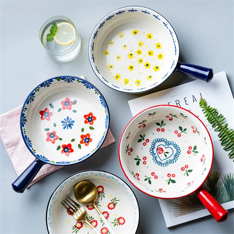 Ceramic Creative Hand-Painted Glazed Baking Bowl with Handle French Onion Soup Salad Roasting Lasagna Pan Round Bakeware | Дом и сад
