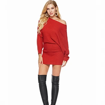 

European and American women's dresses in autumn and new products, a word collar pure color lantern sleeves knitting girl