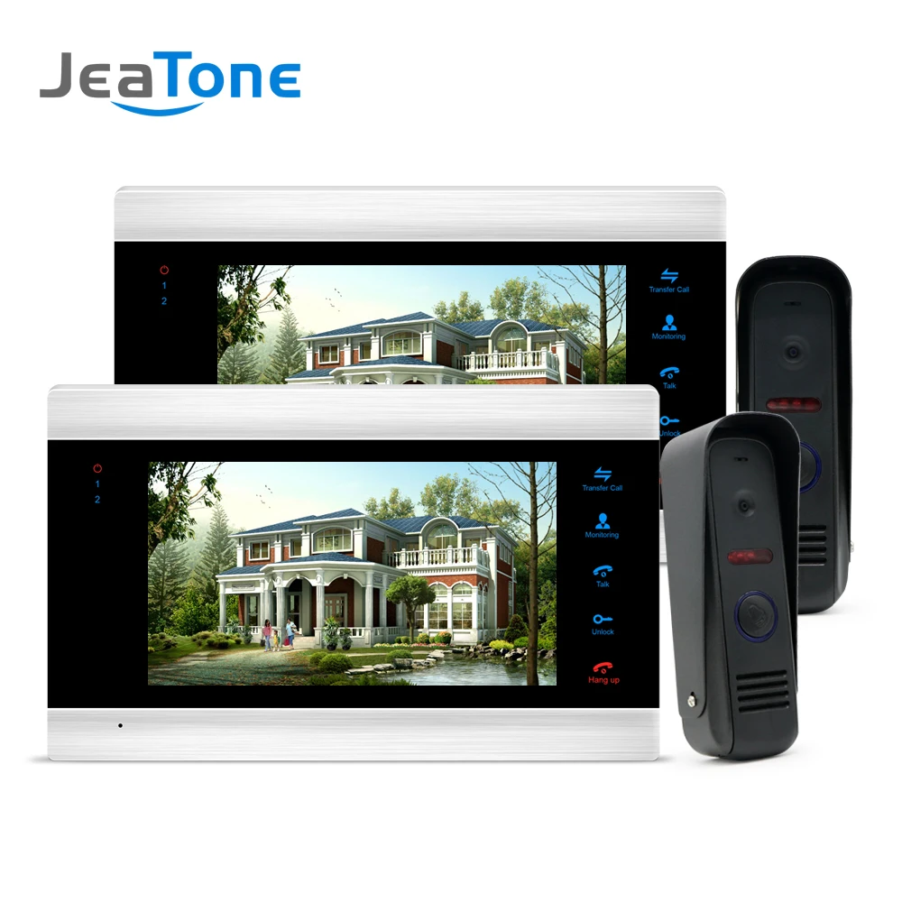 7"Color 2LCD Video Door Phone Home Security Intercom System+2Waterproof Mini Doorbell Camera Multi-language menu 1200TVL Camera