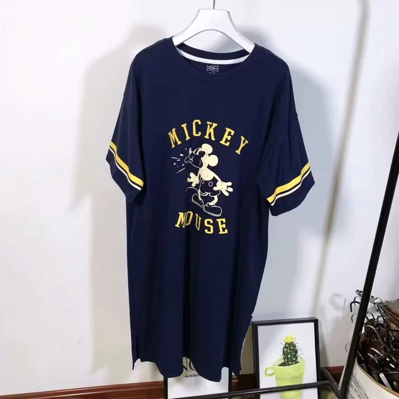 

Fashion Ladies Short-sleeved Cotton T-shirt Cartoon Mickey Mouse Print Cute Women's Top Summer Long Cotton Nevy T-shirt 1814-3