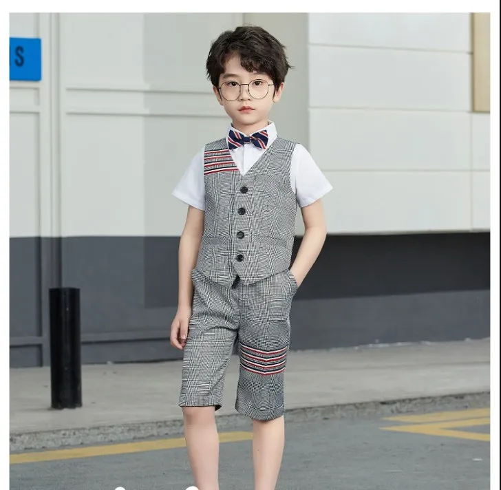

Джентльменское детское платье для школьного выступления, комплект детской одежды на выпускной, Летний жилет для мальчиков + шорты + галстук-бабочка, Официальный Свадебный костюм из 3 предметов