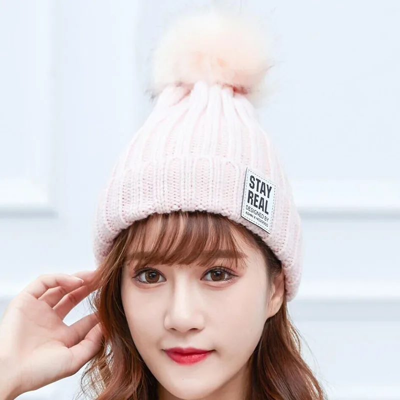 SUOGRY зимняя вязаная шапка женская меховая шапка с помпоном skullies Beanies cap s lmitation шапочка с помпоном шапки для женщин Женский головной убор из плотной ткани