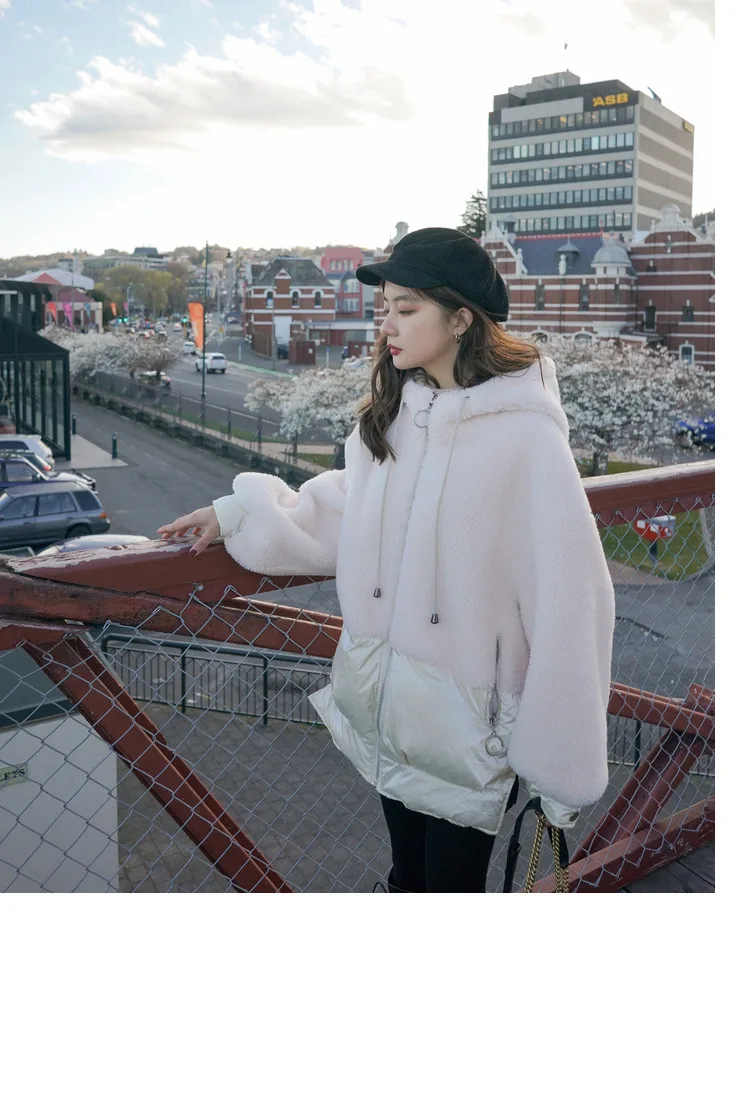 Фото фотосессия основной толчок шикарный ягненка шерсть Off-white свободный крой с капюшоном на шнуровке молнии сустава макет Двухсекционный Хлопок пальто женщин