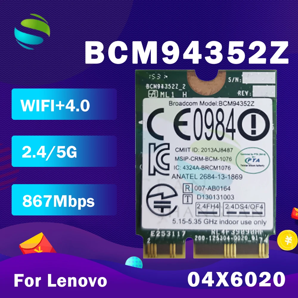 BCM94352Z BCM94352 FRU:04X6020 NGFF 867 Мбит/с 802.11AC Bluetooth 4 0 Wlan карта для IBM Y50 70 80/Y70 80 YOGA2|wlan card|802.11ac