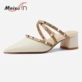 

New arrival 2020 summer genuine leather women pumps high quality sandals pointed toe medium block heels rivet mules shoes size 4