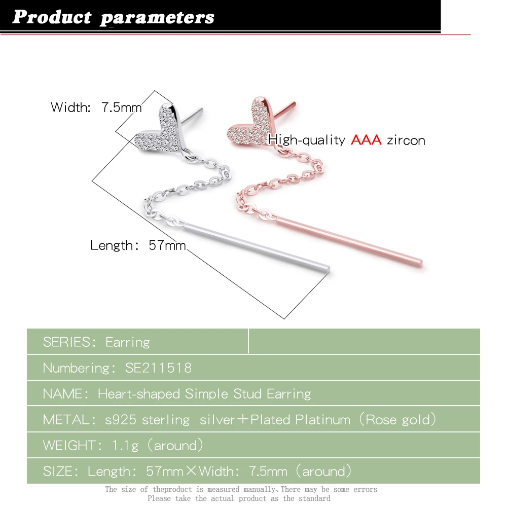 Милые серьги в форме сердца для девочек 925 Стерлинговое серебро серьги длинный дизайн розовое золото серьги не аллергические подарок на