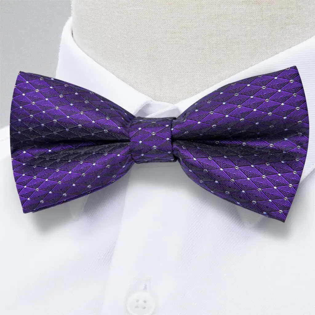 Men Bowtie Purple Solid Dot Silk Bowtie Hanky Cufflink Set High Quality Men Wedding Bowtie DiBanGu Designer Fashion Party LH-121