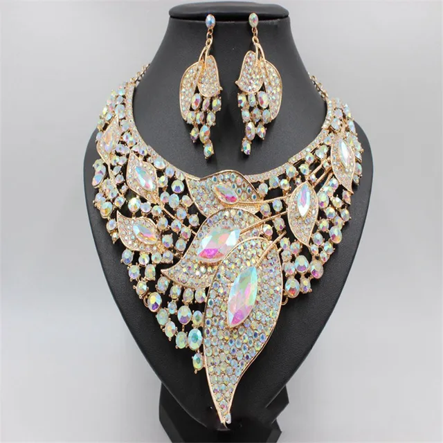 Buy OnlineLuxury Crystal Wedding Bridal Jewelry Sets Gold Color Leaf Rhinestone Wedding Jewelry Necklace Sets For Women Statement Jewelry.