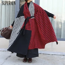 SuperAen, Европейское женское длинное шерстяное пальто, дикое, повседневное, модное, свободное, размер Pluz, клетчатая шаль, шерстяное пальто, новинка, женская одежда