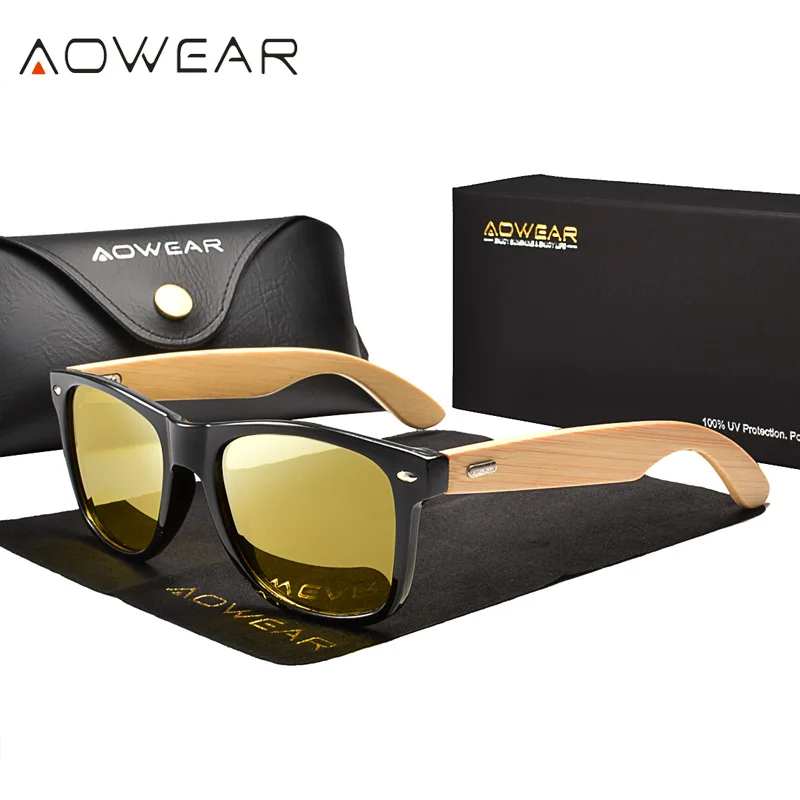 AOWEAR бамбуковые Квадратные Солнцезащитные очки для женщин поляризованные очки ночного видения желтые очки Женские Модные Винтажные Солнцезащитные очки Gafas De Sol - Цвет линз: Yellow Night Vision