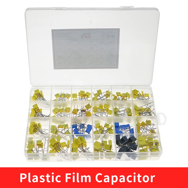 

240pcs/BOX 63V 100V 24Value 1nF-1uF Correction capacitor package kit Polypropylene Safety Plastic Film Capacitor Kit