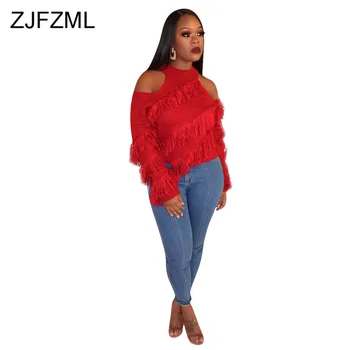 

Autumn Winter Casual Tassels Knitted Sweater Women Off The Shoulder Full Sleeve Jumper Fashion Black Red Pullover Oversized Tops