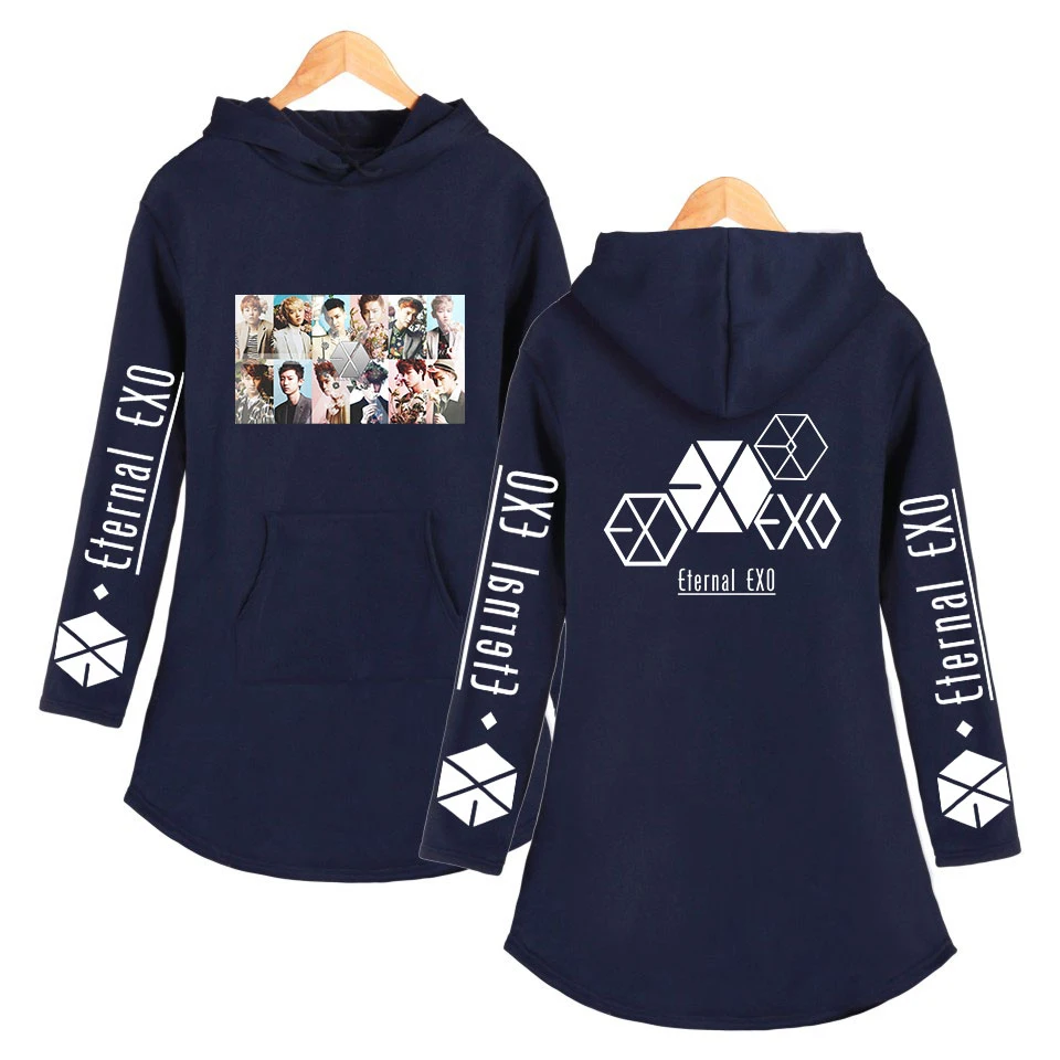 EXO Ablum Толстовка негабаритных женщин асимметричный подол воротник пальто Повседневный корейский стиль Женский сексуальные свитшоты верхняя одежда Уличная