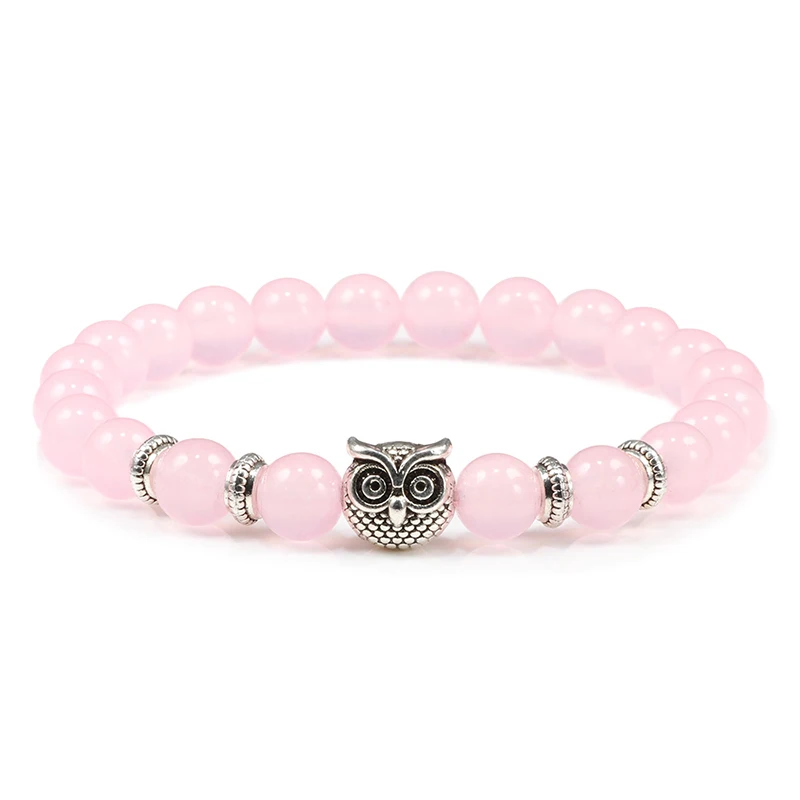 Pink Серебряная Сова тигровый глаз камень браслет натуральный оникс фиолетовый Состаренный камень браслеты модные бусы браслеты для женщин мужчин Йога ювелирные изделия - Окраска металла: Pink