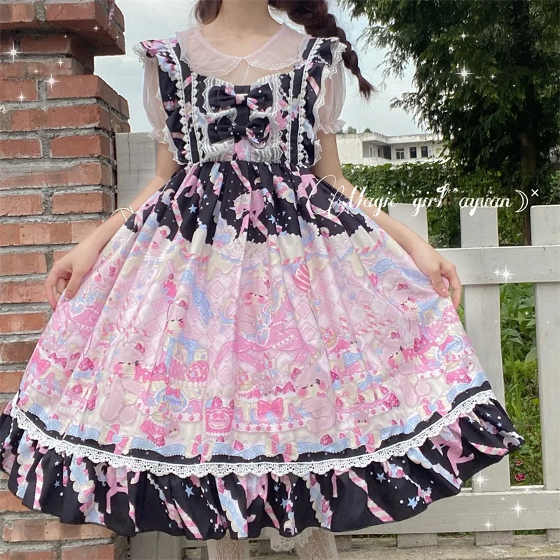 Japanese Sweety Lolita Soft Girly Dress Kawaii Square Collar Bow Cartoon Bear Printing Sleeveless Lace Ruffles Camisole Dresses