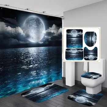 

Shower Curtain, Bathroom Curtains-Sea Island,Scenery,Seabed Reflection,Full Moon,Blue,Dark