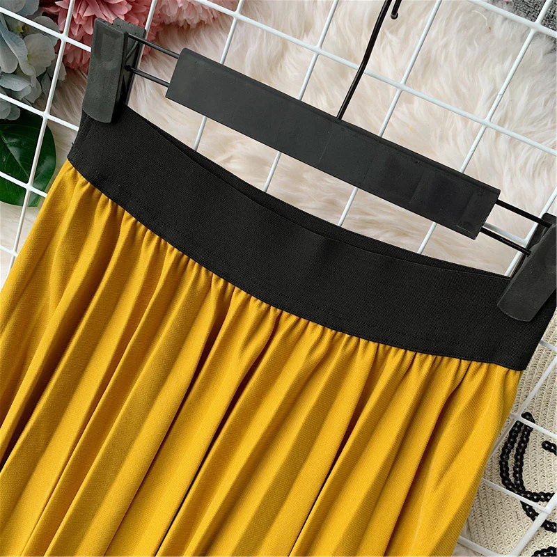 TIGENA Beautiful Patchwork Pleated Skirt Women Fashion Autumn Winter Korean High Waist Long Maxi Skirt Female Black Yellow