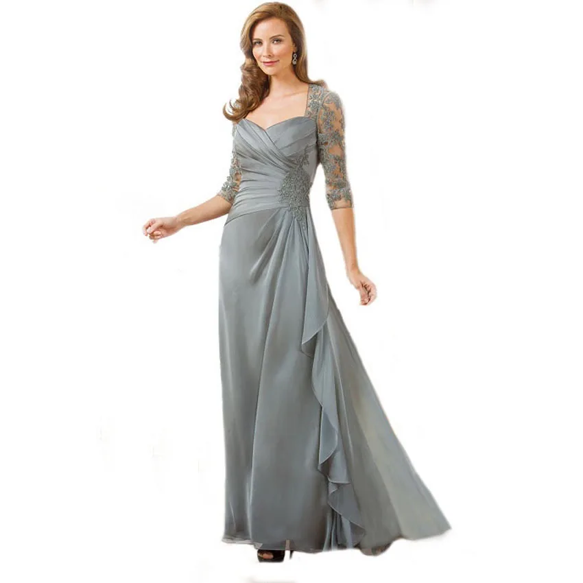 Vestido de noiva великолепное вышитое бисером кружевное платье с коротким рукавом, королевская горловина, Драпированное ТРАПЕЦИЕВИДНОЕ ПЛАТЬЕ серебристого и серого цвета размера плюс, платья для матери невесты