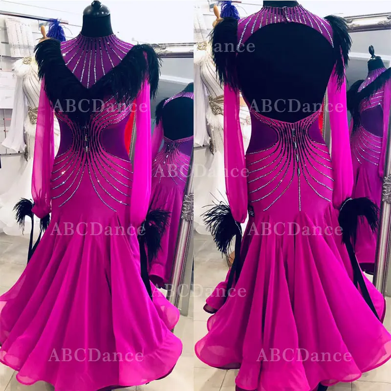 

New rose red ballroom dance competition dress Rhinestone Feather waltz dresses standard dance dress women ballroom dress