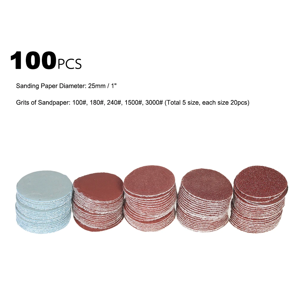 100PCS 25mm 1" Sander Disc Sanding Disk 100-3000 Grit Paper with 1inch Abrasive Polish Pad Plate DIY Grinding and Polishing Tool