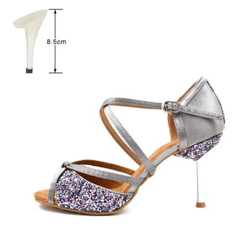 Женская обувь для латинских танцев; мягкая подошва; цвет черный, серебристый; Танцевальная обувь для танго, сальсы; женская обувь на каблуках; Удобная Обувь для бальных танцев - Цвет: silver 8.5cm indoor