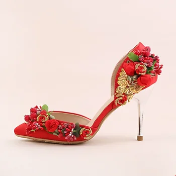 

Red satin bride ultra high heel stiletto hollow flower dress wedding shoes female sandals 2019 summer new style
