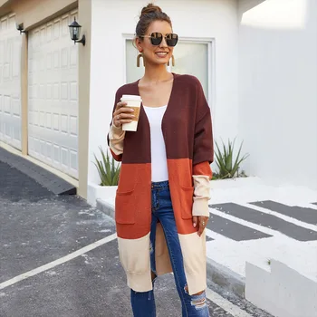 

Fadzeco Striped knitted Cardigan Patchwork Long Sleeve Sweater Coat