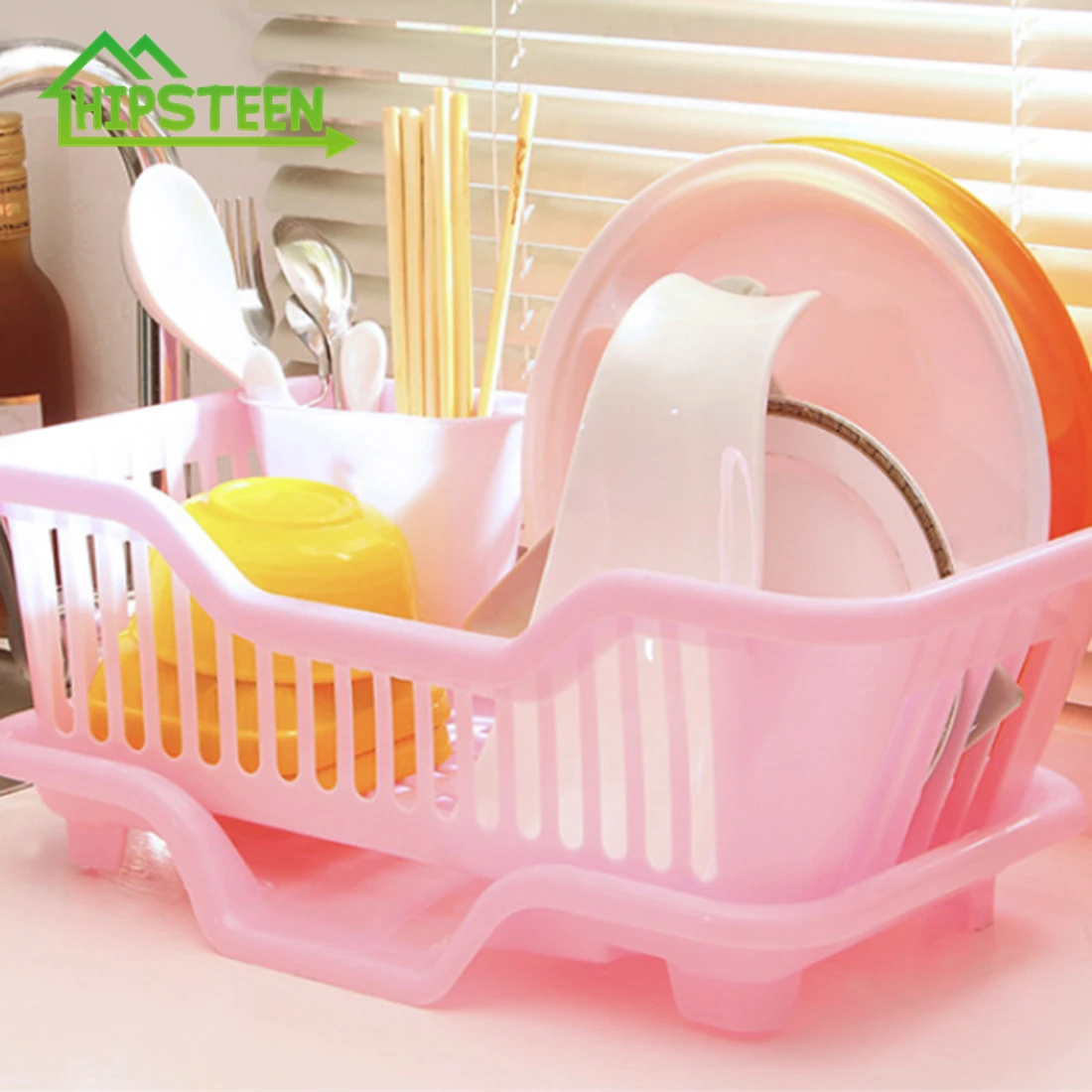 

Single Layer Bowl Chopstick Drain Rack Tableware Storage Shelf Plate Chopstick Holder with Dishcloth for Kitchen Storage - Pink
