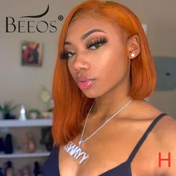 

Beeos 13X6 Lace Front Human Hair Wig Orange Color Short Bob Transparent Lace Pre Plucked With Baby Hair Brazilian Remy Hair