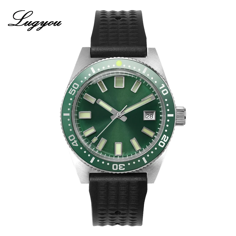 R Green Bezel nologo Lugyou San Martin 62Mas Diver механические Автоматические Мужские часы из нержавеющей стали NH35 керамический ободок с циферблатом от солнца резиновое минеральное стекло - Цвет: R Green Bezel nologo
