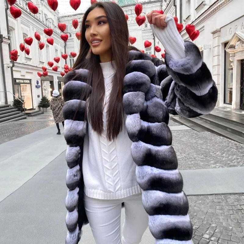 FURSARCAR 2021 High Quality Real Rex Rabbit Fur Fashion Natural Fur Medium Imitate Chinchilla Fur Coat Thick Warm Winter Clothes